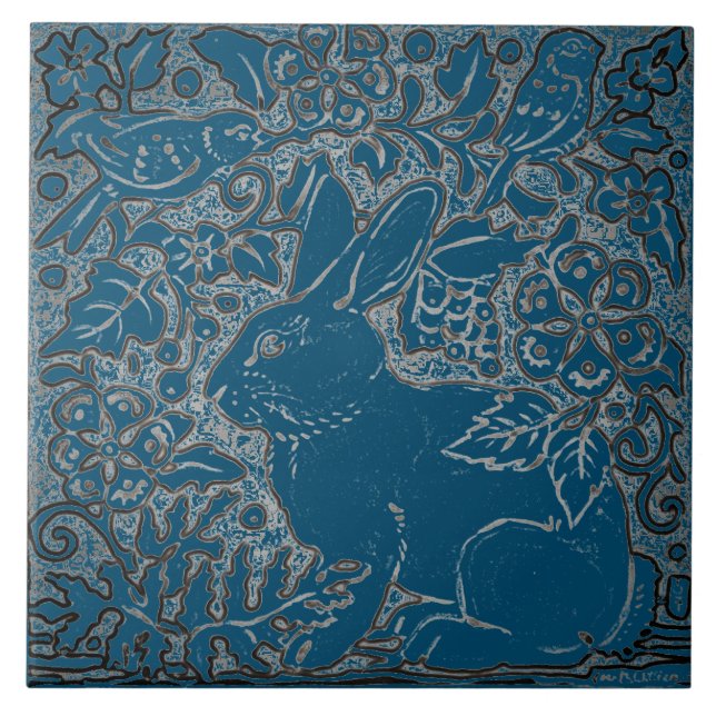 Carreau Oiseau Turquoise de lapin d'art Foliage floral (Devant)