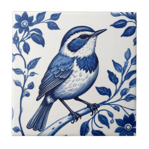 Carreau Oiseau Wren Delft bleu et blanc Floral
