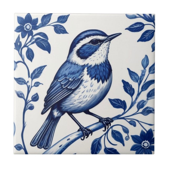 Carreau Oiseau Wren Delft bleu et blanc Floral (Devant)