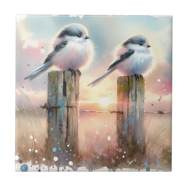 Carreau Oiseaux à l'aquarelle pastel sur une clôture au co (Devant)