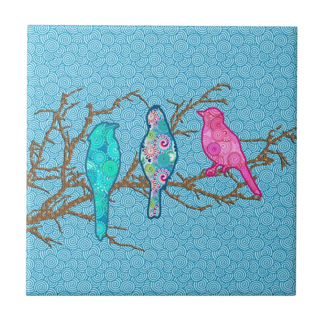 Carreau Oiseaux appliqués sur une branche, Sky Blue Multi (Devant)