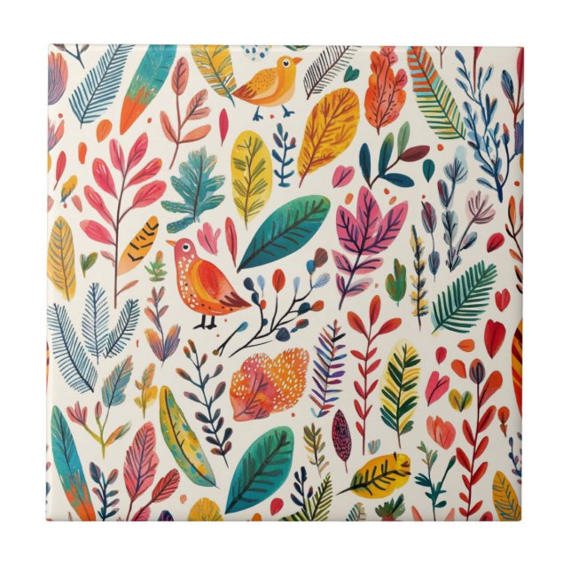 Carreau Oiseaux aquarelle boho – Inspiré de la nature arti (Devant)