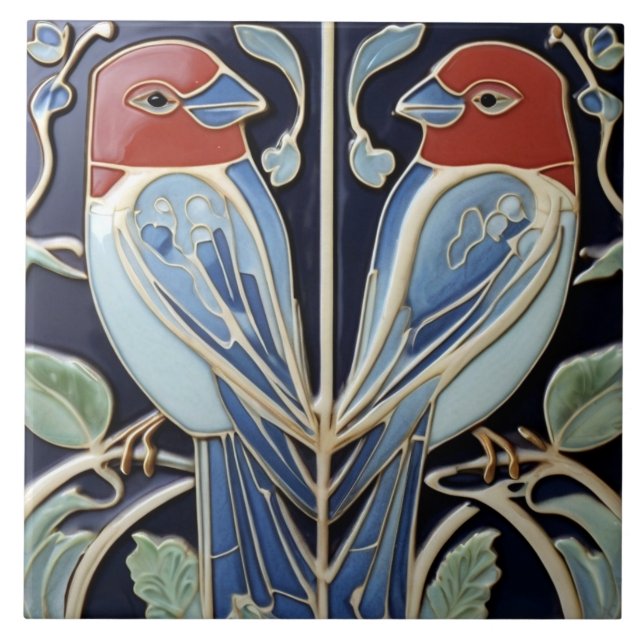 Carreau Oiseaux Art Nouveau Art Déco - Perroquet bleu roug (Devant)