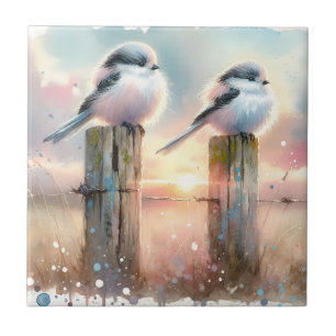 Carreau Oiseaux au pastel à l'aquarelle sur une clôture au