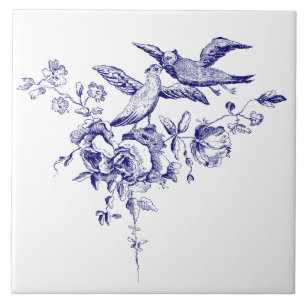 Carreau Oiseaux bleus et blancs sur fleurs