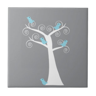 Carreau Oiseaux bleus fantaisistes arbre gris tourbillonna