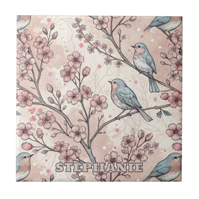 Carreau Oiseaux Bleus Pastel avec Fleurs de Cerisier Roses (Devant)
