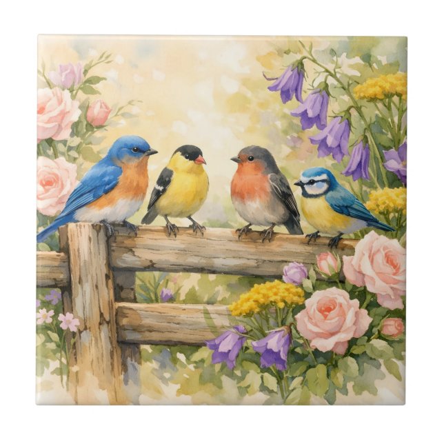 Carreau Oiseaux chanteurs à l'aquarelle sur la clôture en  (Devant)
