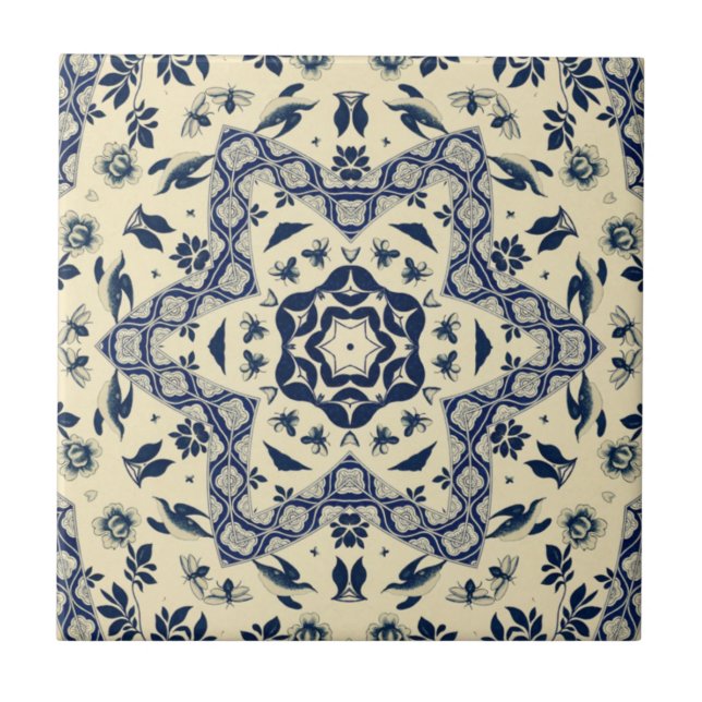 Carreau Oiseaux chinois ~ Abeilles ~ Fleurs ~ Delft ~ * ~ (Devant)