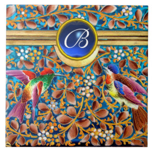 CARREAU OISEAUX COLORÉS ET MONOGRAMME BLEU DE GEMME DE