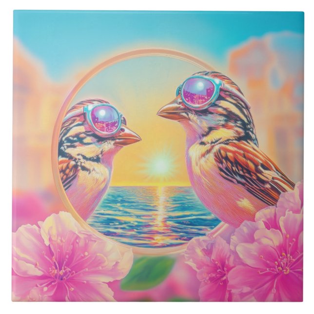 Carreau Oiseaux cool avec lunettes de soleil au coucher du (Devant)