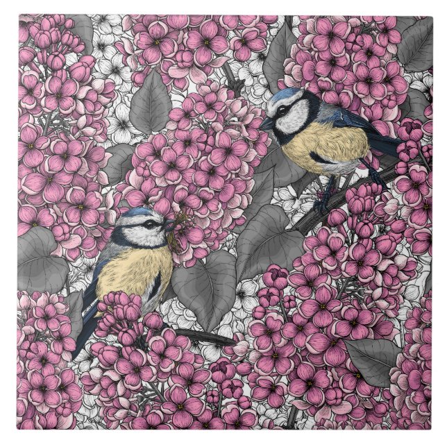 Carreau Oiseaux dans le jardin lilas rose (Devant)
