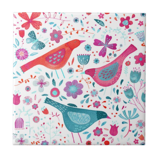 Carreau Oiseaux dans un jardin folk Boho Aquarelle (Devant)