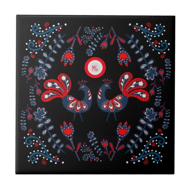 Carreau Oiseaux d'art populaire scandinave Monogramme (Devant)