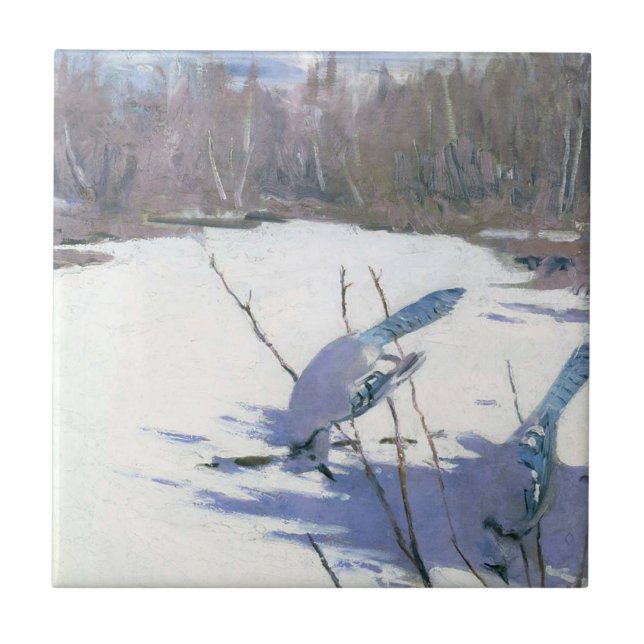 Carreau Oiseaux de Jay Bleu dans un paysage hivernal (Devant)