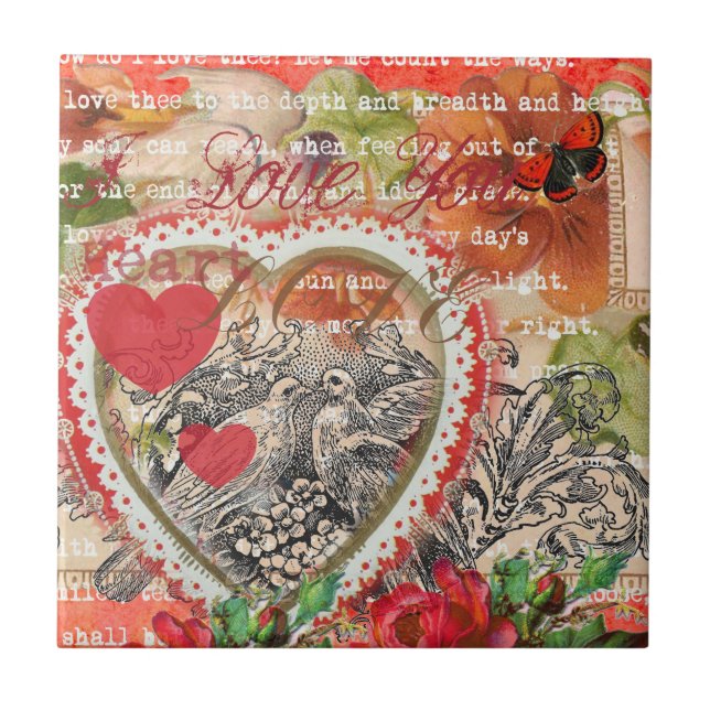 Carreau Oiseaux de l'amour Cœur Rouge Collage d'art (Devant)