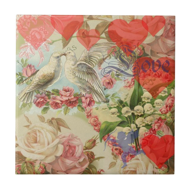 Carreau Oiseaux de l'amour Vintage Antique Cœur (Devant)