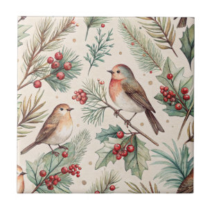 Carreau Oiseaux de Noël vintage - Houx et Rouge-gorge