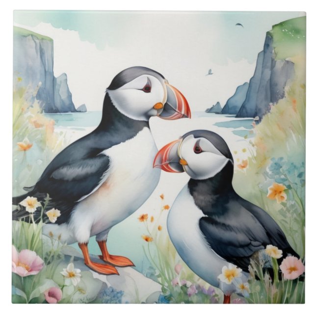 Carreau Oiseaux de Puffin sur la côte avec des fleurs d'aq (Devant)
