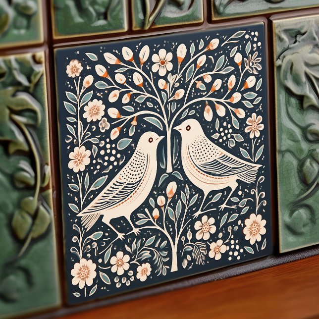 Carreau Oiseaux et arbre de vie Bleu Orange Art Nouveau (Créateur téléchargé)