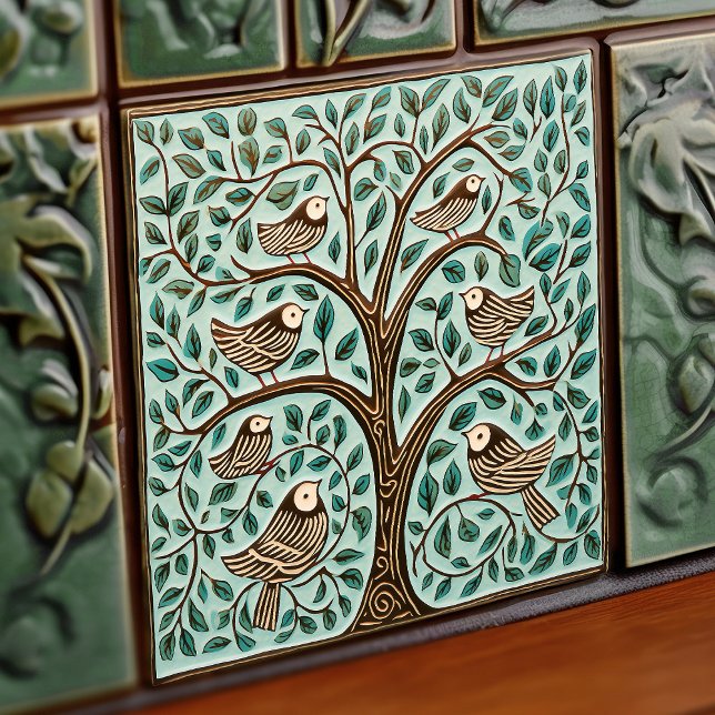 Carreau Oiseaux et arbre de vie Sage Vert Art Nouveau (Créateur téléchargé)
