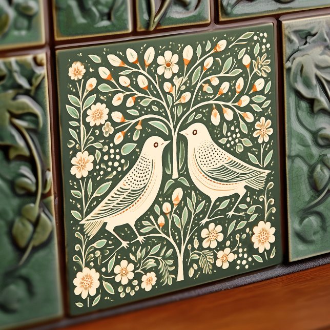 Carreau Oiseaux et arbre de vie Vert Art Nouveau (Créateur téléchargé)