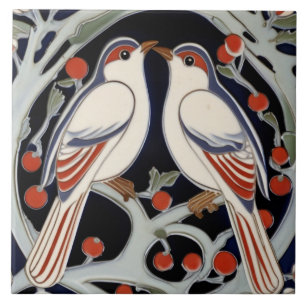 Carreau Oiseaux et baies Art Nouveau Oiseau rouge Art Déco