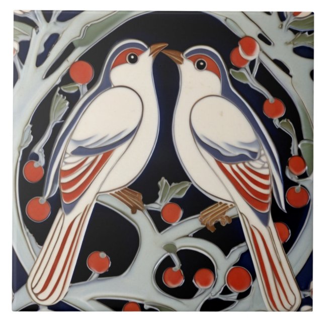 Carreau Oiseaux et baies Art Nouveau Oiseau rouge Art Déco (Devant)