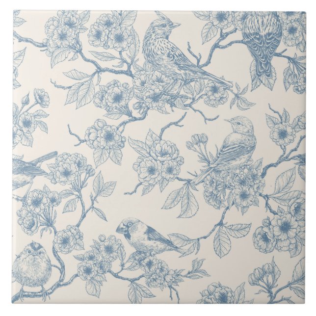 Carreau Oiseaux et fleurs de cerisier en bleu et blanc cas (Devant)
