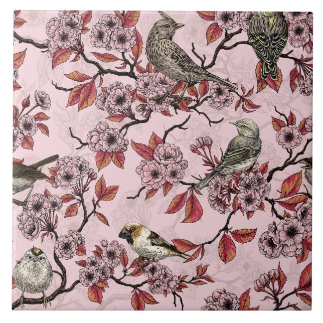 Carreau Oiseaux et fleurs de cerisier sur fond rose pâle (Devant)