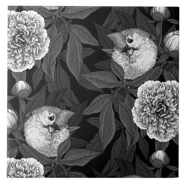 Carreau Oiseaux et fleurs de pivoines monochromes, gris (Devant)