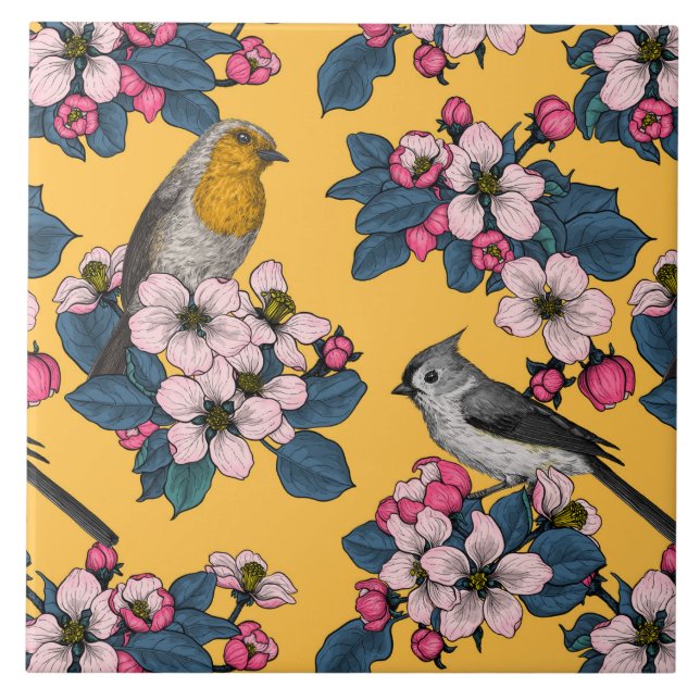 Carreau Oiseaux et fleurs sur le jaune (Devant)