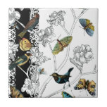 Carreau Oiseaux et papillons sur un Arrière - plan noir et<br><div class="desc">L'artiste Chariklia Zarris est un peintre et designer talentueux. Elle aime peindre des oiseaux et des animaux sauvages et cette photo ne fait pas exception. Les couleurs vives des oiseaux et des papillons sont accentuées par les branches noires et blanches de l'arrière - plan.</div>