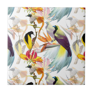 Carreau Oiseaux exotiques du Paradis et fleurs Aquarelle