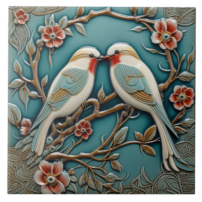 Carreau Oiseaux Fleurs Art Nouveau Inspiré Nature Imprimer (Devant)