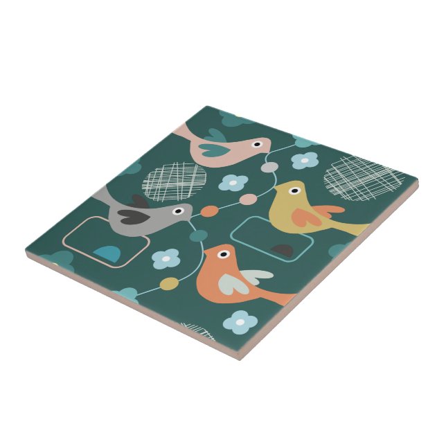 Carreau Oiseaux Fleurs Rétro Moderne Motif du milieu du si (Côté)