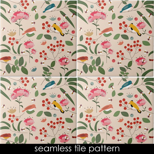 Carreau Oiseaux floraux dessinés à la main Abeilles Motif  (Hand Drawn Floral Birds Bees Botanical Pattern Ceramic Tile)