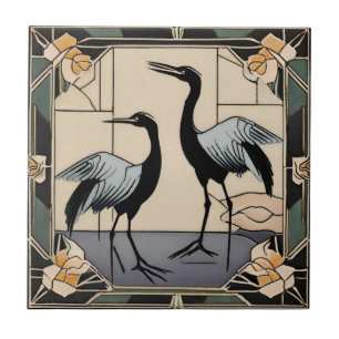 Carreau Oiseaux Grues Fleurs Art Déco Nouveau Décor
