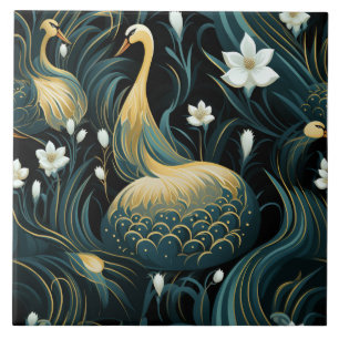Carreau Oiseaux inspirés du cygne doré et fleurs blanches