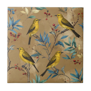 Carreau Oiseaux jaune doré et baies rouges - Brun chameau