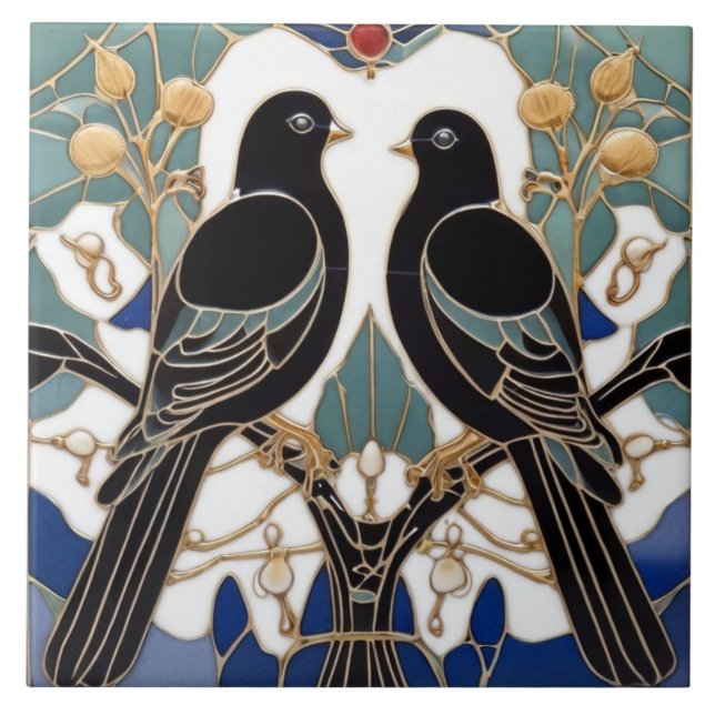 Carreau Oiseaux noirs élégants Art Nouveau Oiseau Art Déco (Devant)