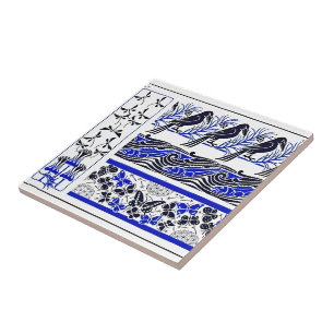 Carreau oiseaux papillon poissons bleu et noir motif d'art