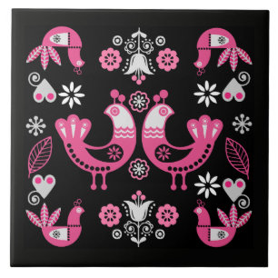 Carreau Oiseaux roses et blancs du folklore scandinave