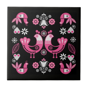 Carreau Oiseaux roses et blancs du folklore scandinave