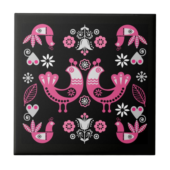 Carreau Oiseaux roses et blancs du folklore scandinave (Devant)