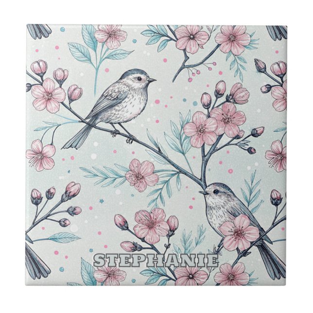 Carreau Oiseaux sarcelle élégants Fleurs de cerisier roses (Devant)