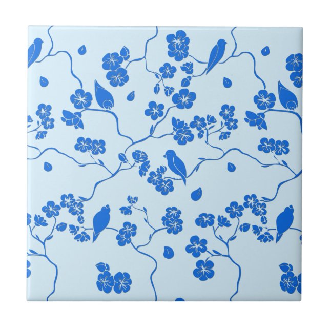 Carreau Oiseaux sur fleurs de cerisier bleu sur bleu (Devant)