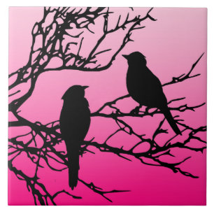 Carreau Oiseaux sur une branche, Noir contre Aube Rose