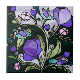 Carreau Oiseaux verts et fleurs violettes de style verre f