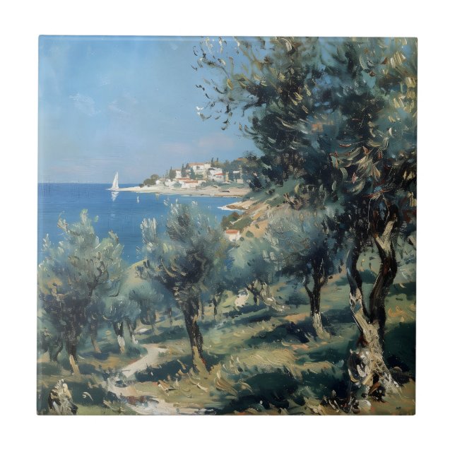 Carreau Oliveraie avec village côtier et mer (Devant)